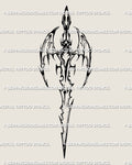 Cyber tribal dragon wing sword tattoo stencil design, dark fantasy blade emblem with printable PNG JPG PDF files for clean transfer.