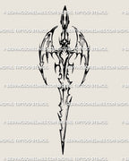 Cyber tribal dragon wing sword tattoo stencil design, dark fantasy blade emblem with printable PNG JPG PDF files for clean transfer.