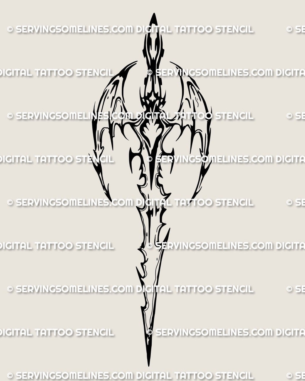 Cyber tribal dragon wing sword tattoo stencil design, dark fantasy blade emblem with printable PNG JPG PDF files for clean transfer.