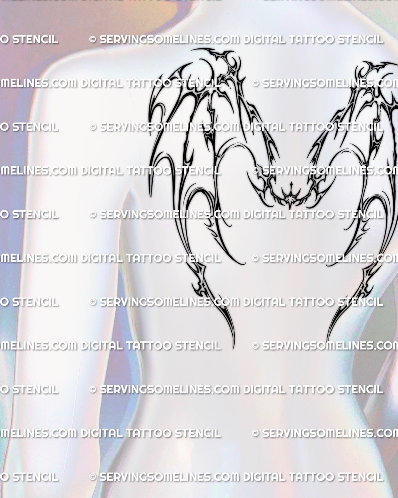 cyber tribal dragon wings tattoo stencil displayed on mannequin back, showing sharp creature wings design for full back tattoo artists
