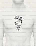 Cyber tribal flaming dragon tattoo shown on mens chest center placement with a compact ornamental layout