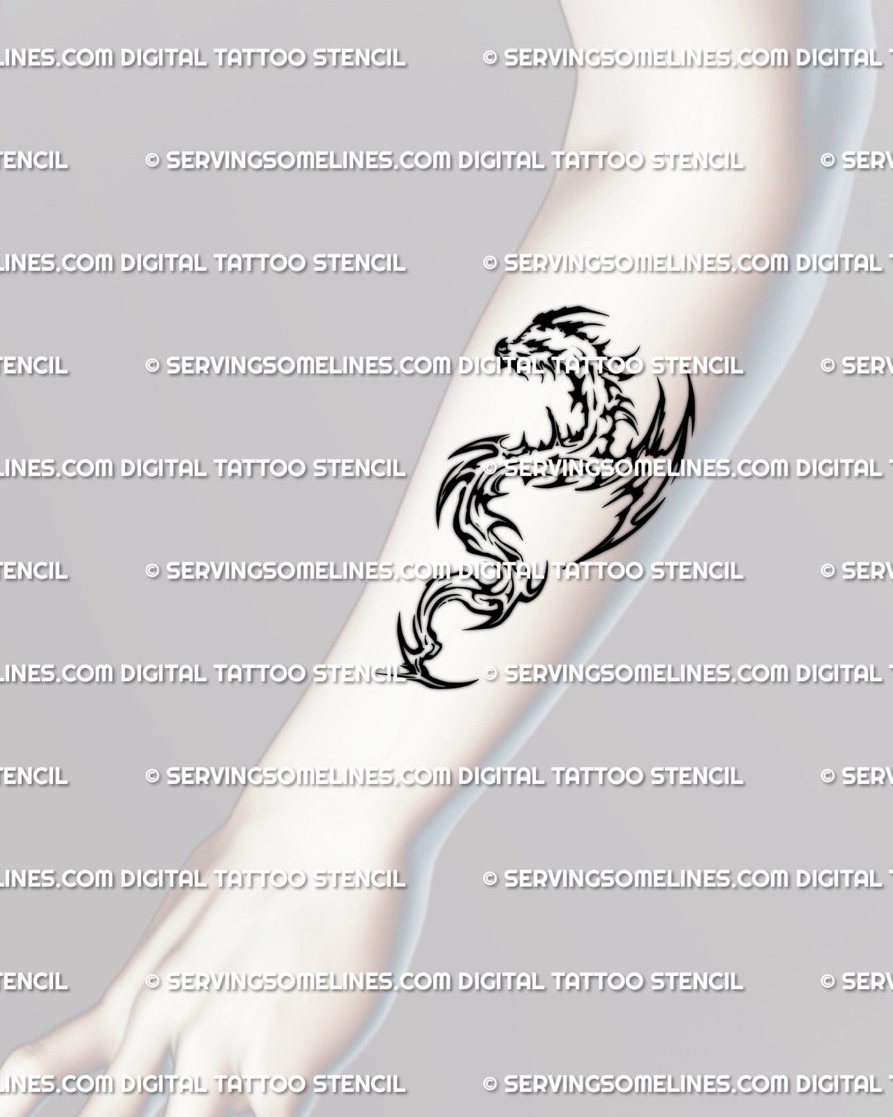 Cyber tribal flaming dragon tattoo shown on forearm placement with a compact flowing vertical layout