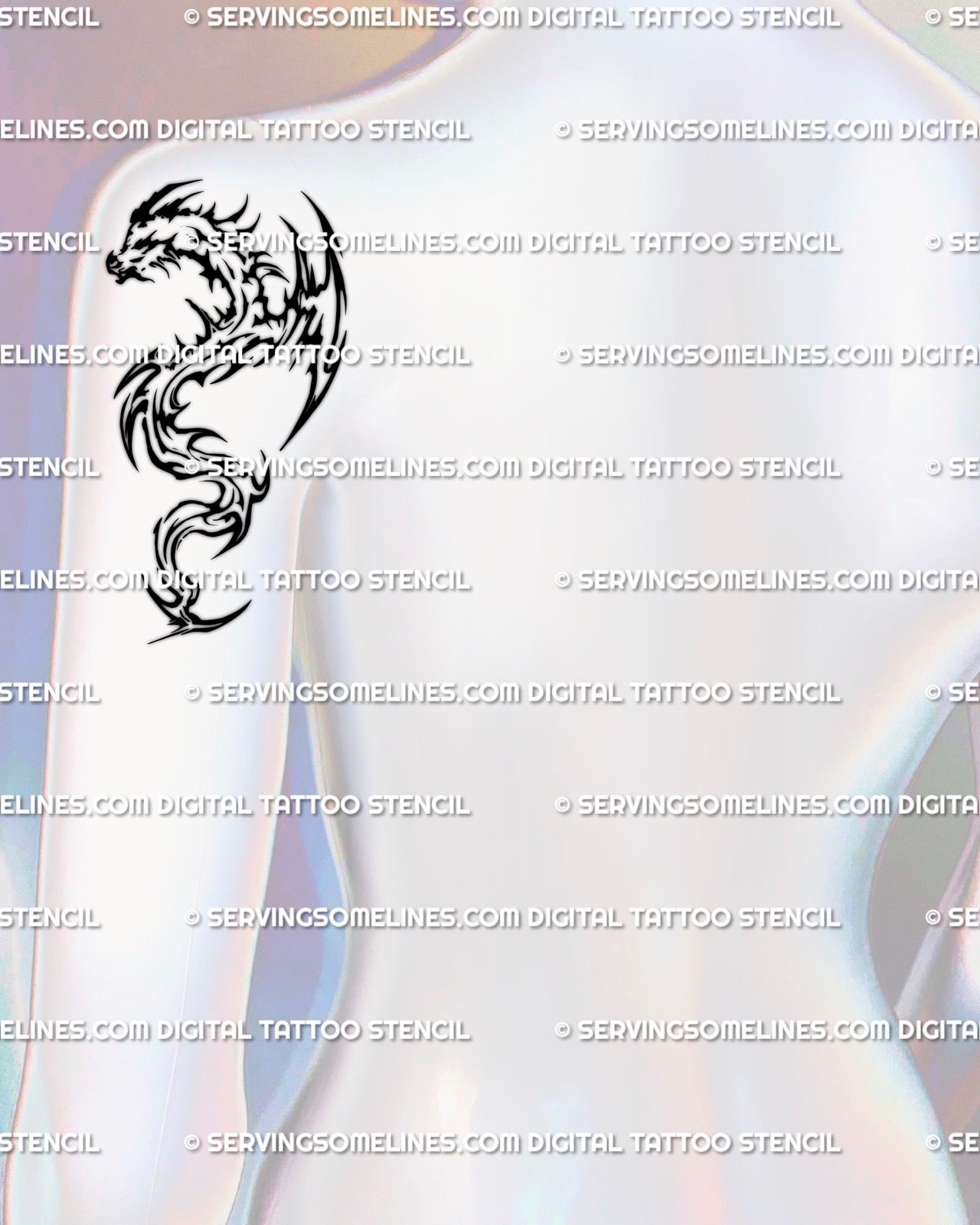Cyber tribal flaming dragon tattoo stencil shown on back of upper arm placement with curved flame shaped linework