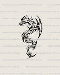 Cyber tribal flaming dragon tattoo stencil design with a compact curved silhouette and sharp abstract flame details
