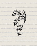 Cyber tribal flaming dragon tattoo stencil design with a compact curved silhouette and sharp abstract flame details
