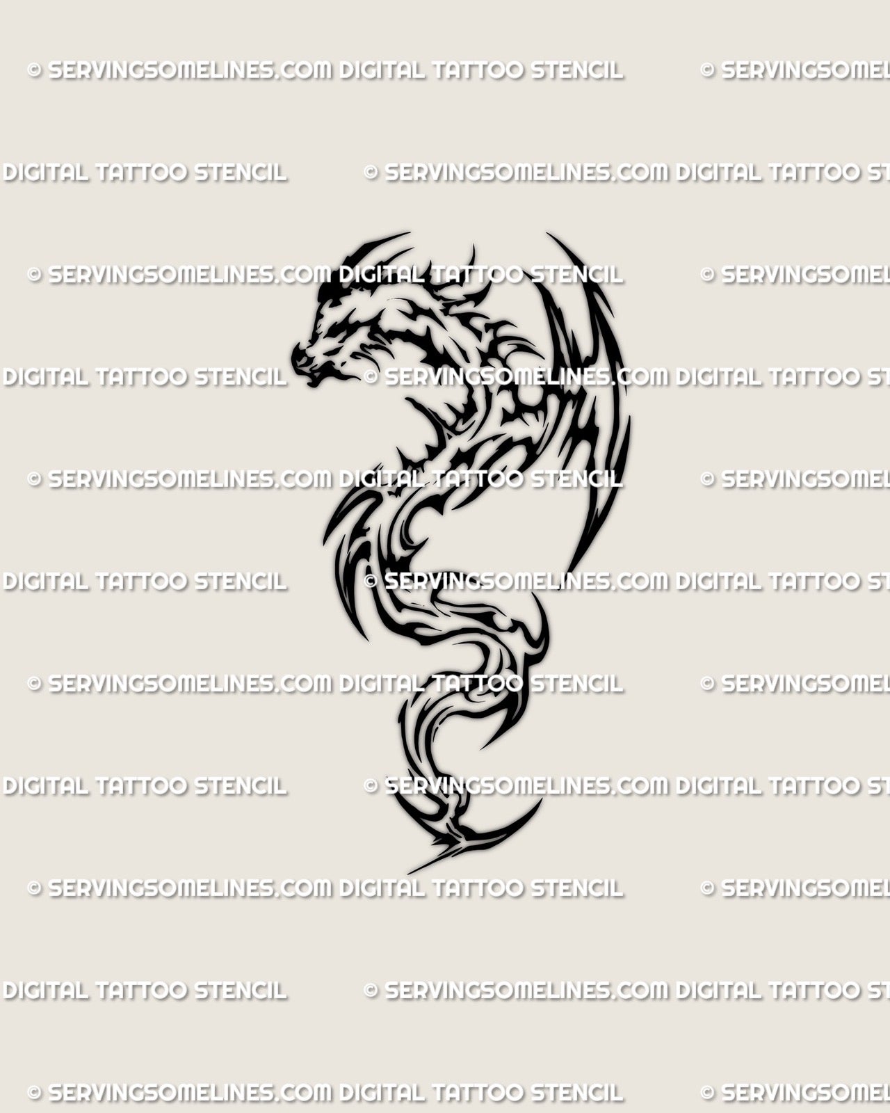 Cyber tribal flaming dragon tattoo stencil design with a compact curved silhouette and sharp abstract flame details