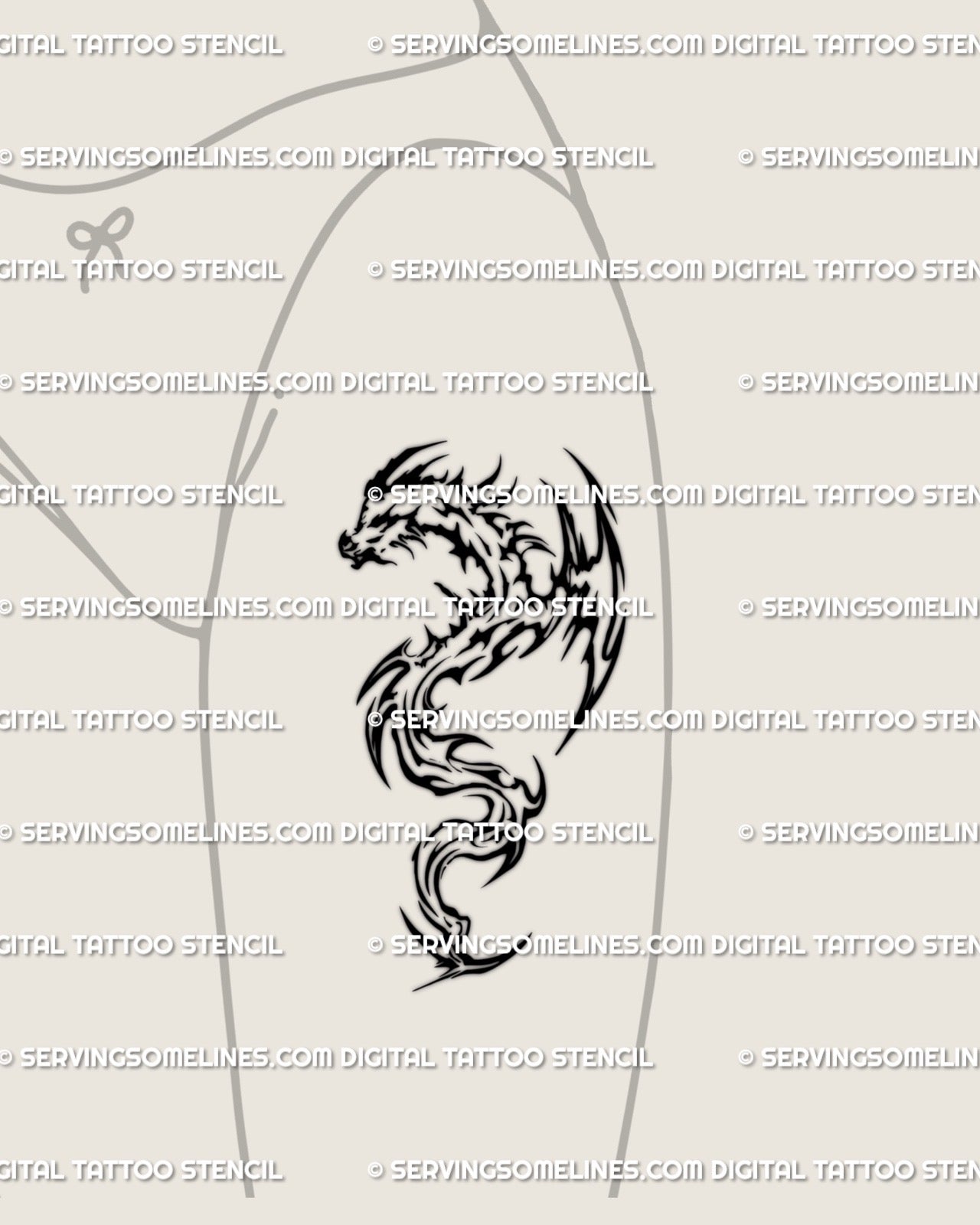 Cyber tribal flaming dragon tattoo stencil displayed on front thigh placement as a medium digital tattoo design