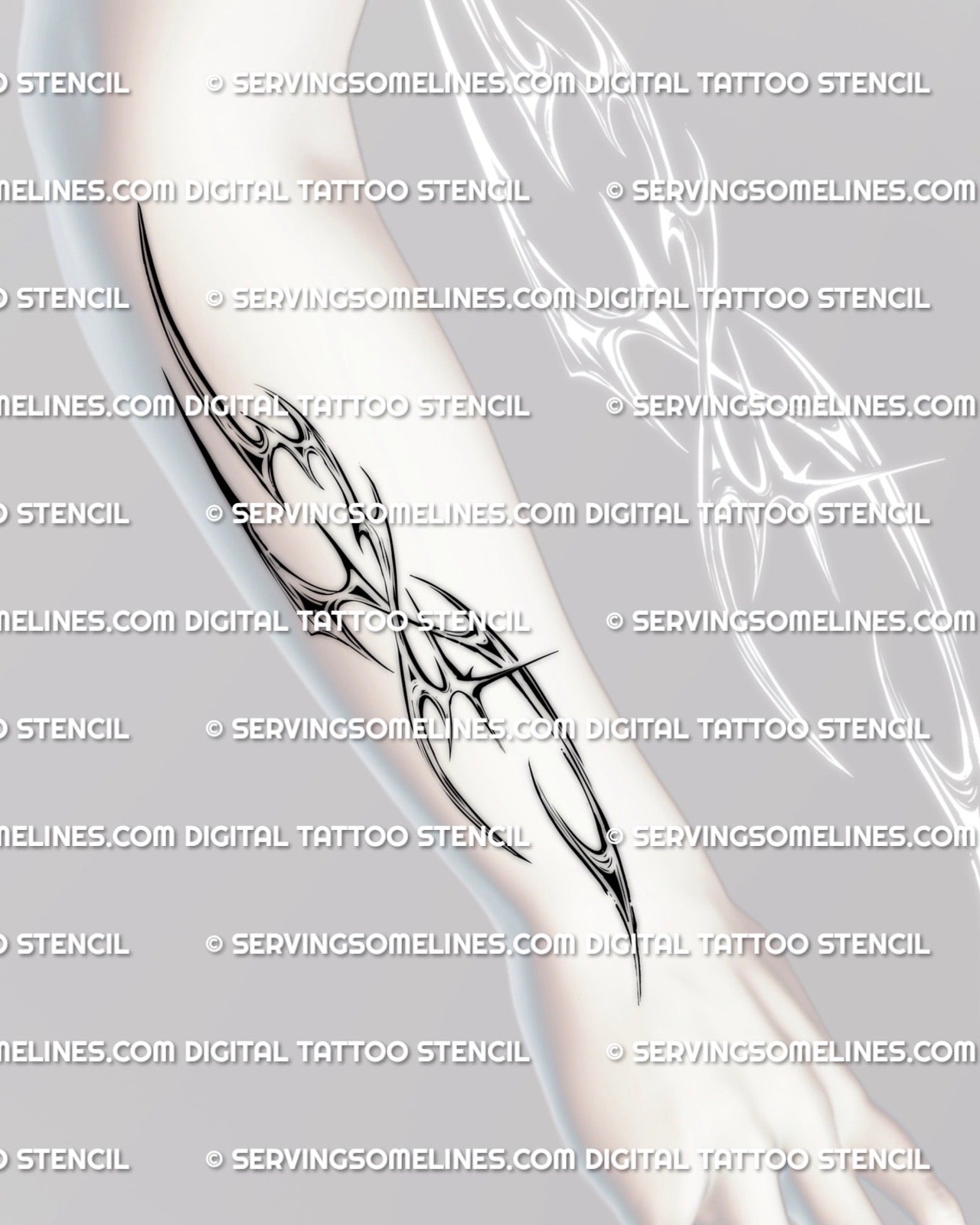 cyber tribal forearm tattoo stencil shown on woman’s arm, detailed cybersigilism lines with chrome style curves in a vertical forearm placement example