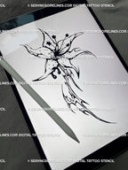 Cyber tribal gothic lily design preview on iPad, printable flower tattoo stencil shown as digital artwork.