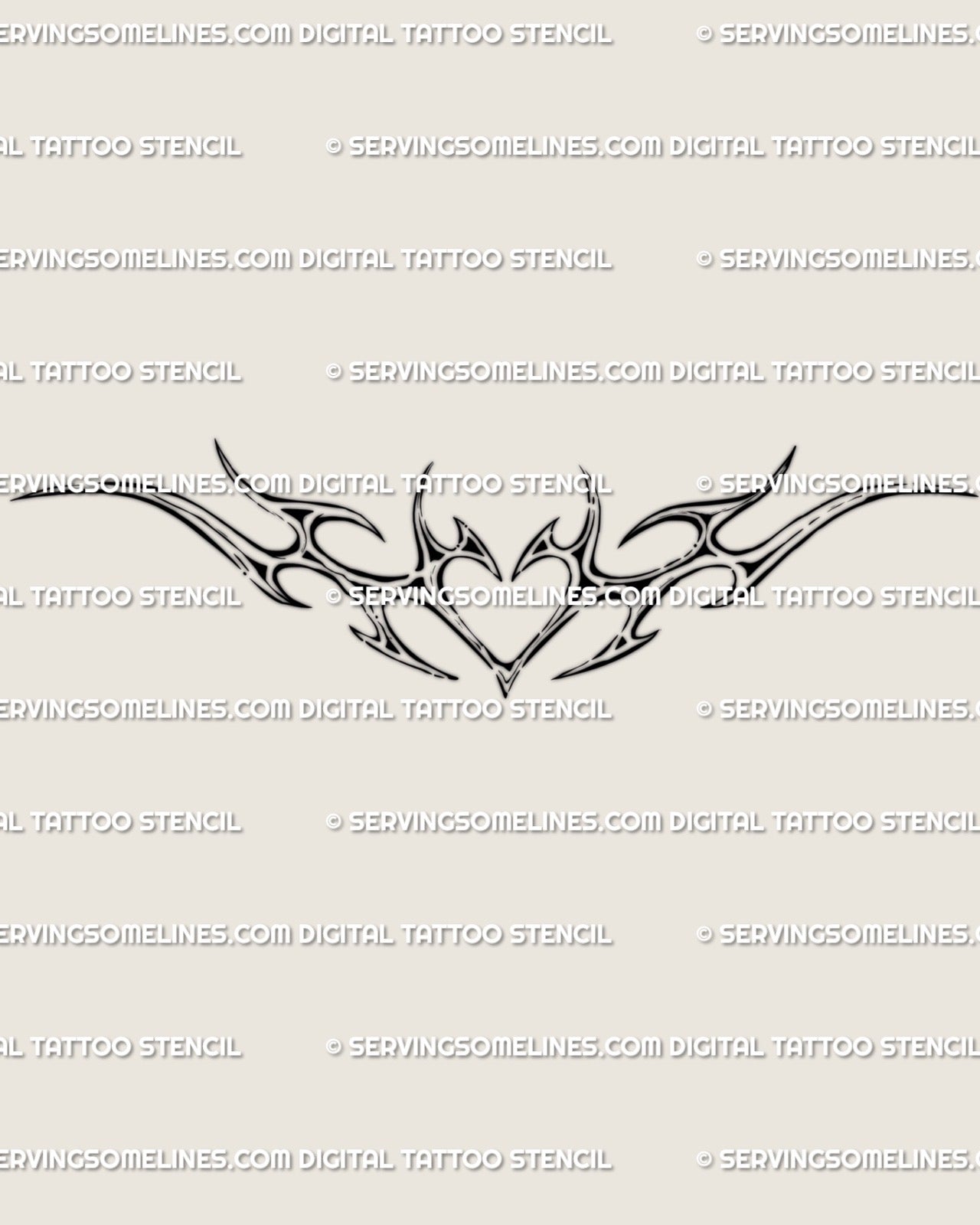 Digital cyber tribal heart tattoo design in clean line art, symmetrical spiked wings and modern feminine style ready for printable stencil use. 