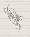 Cyber tribal heart tattoo stencil with abstract neotribal line design, minimal clean layout showing full ornamental composition.