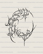Right knee cybersigilism tattoo stencil drawn in cyber tribal and neotribal frame style, gothic grunge inspired, a digital design artists can resize or mirror for custom fit.