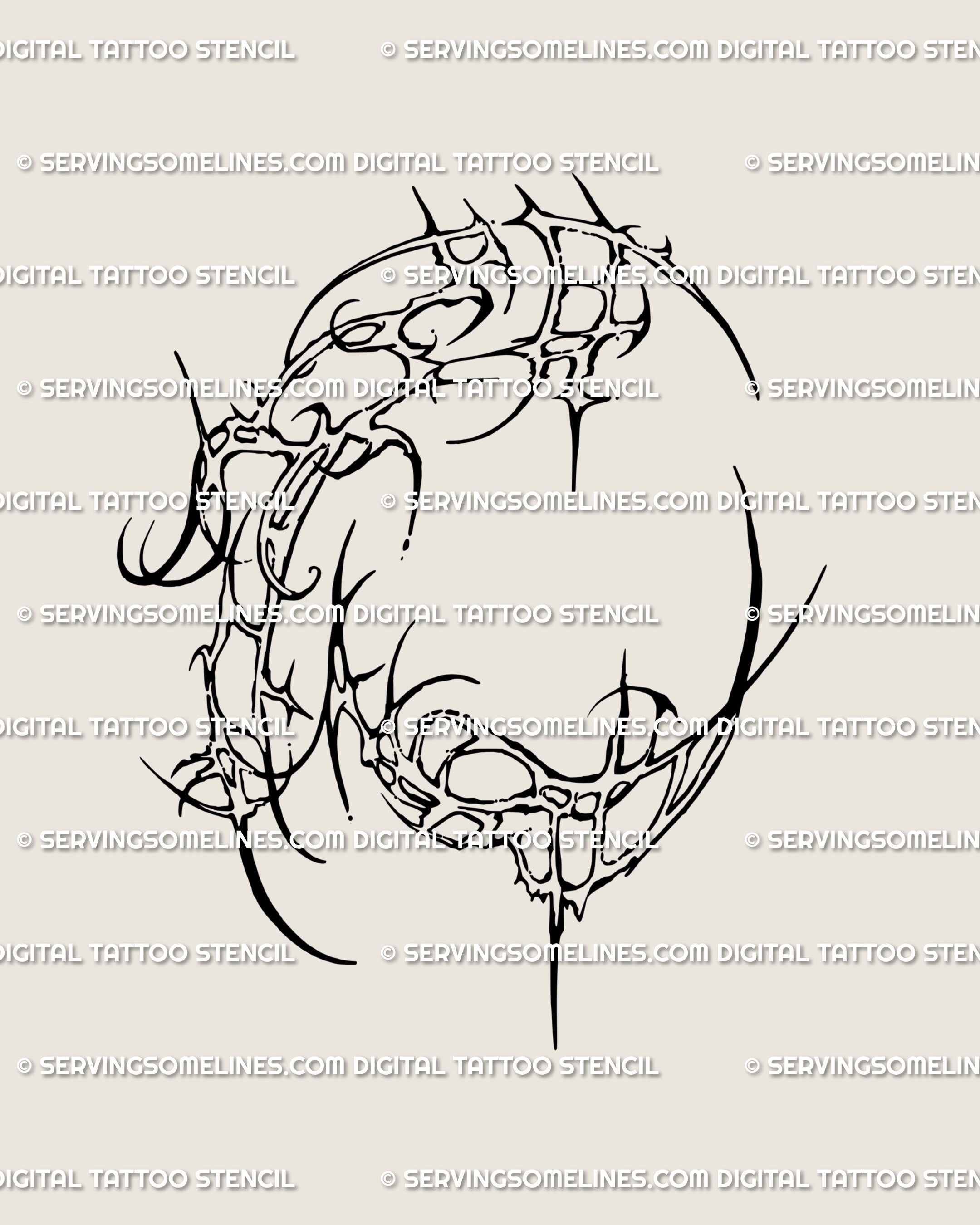 Right knee cybersigilism tattoo stencil drawn in cyber tribal and neotribal frame style, gothic grunge inspired, a digital design artists can resize or mirror for custom fit.