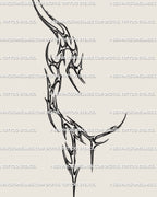 Printable cyber tribal knee tattoo design showing sharp blackwork flow and abstract symmetry, ready for stencil use on leg or knee.