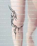 Digital stencil preview showing cyber tribal knee tattoo placed below and beside the knee, black abstract shape following natural leg lines. 