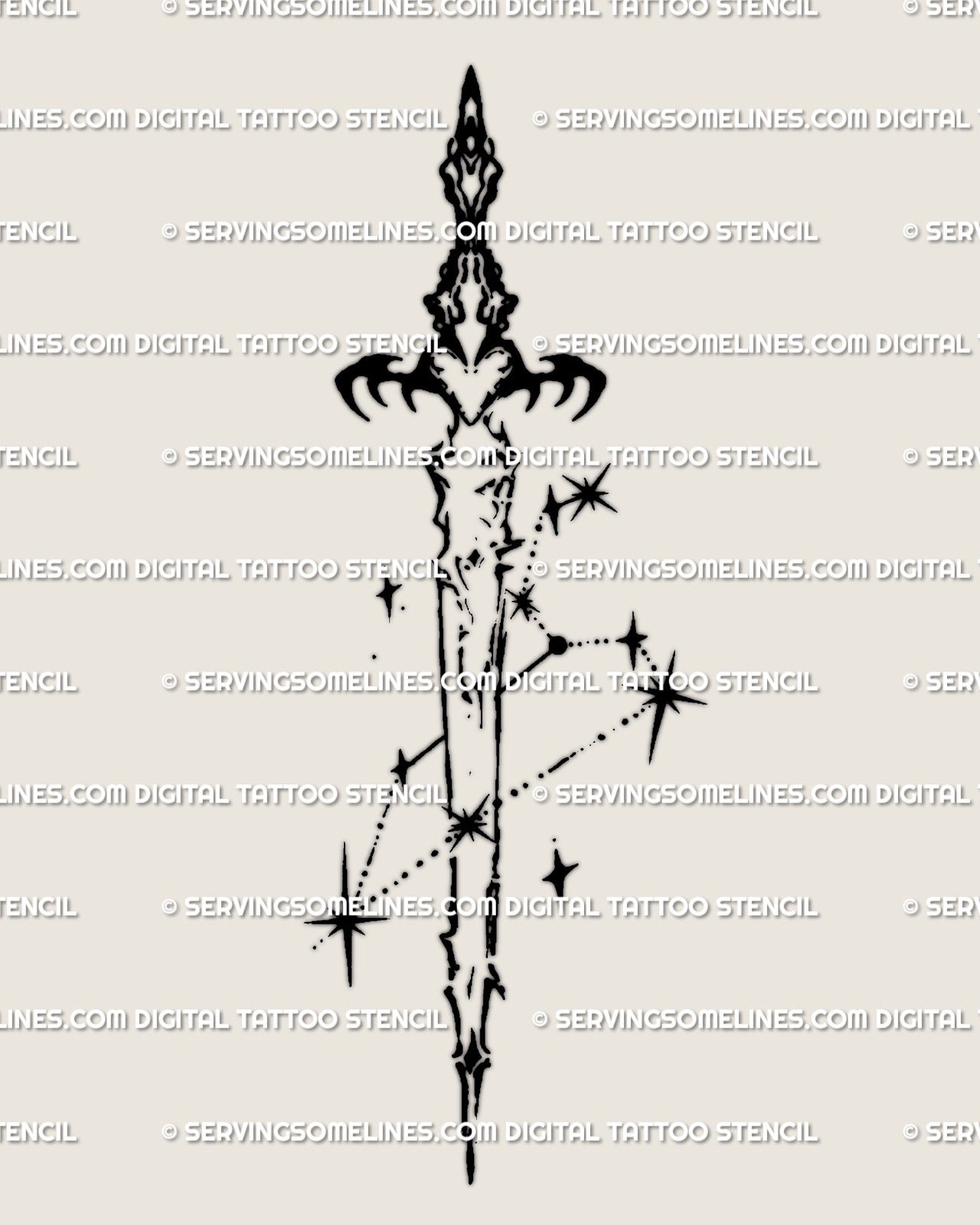 Cyber-tribal Leo constellation sword tattoo design in cybersigilism line style, zodiac blackwork stencil with ornamental blade geometry.