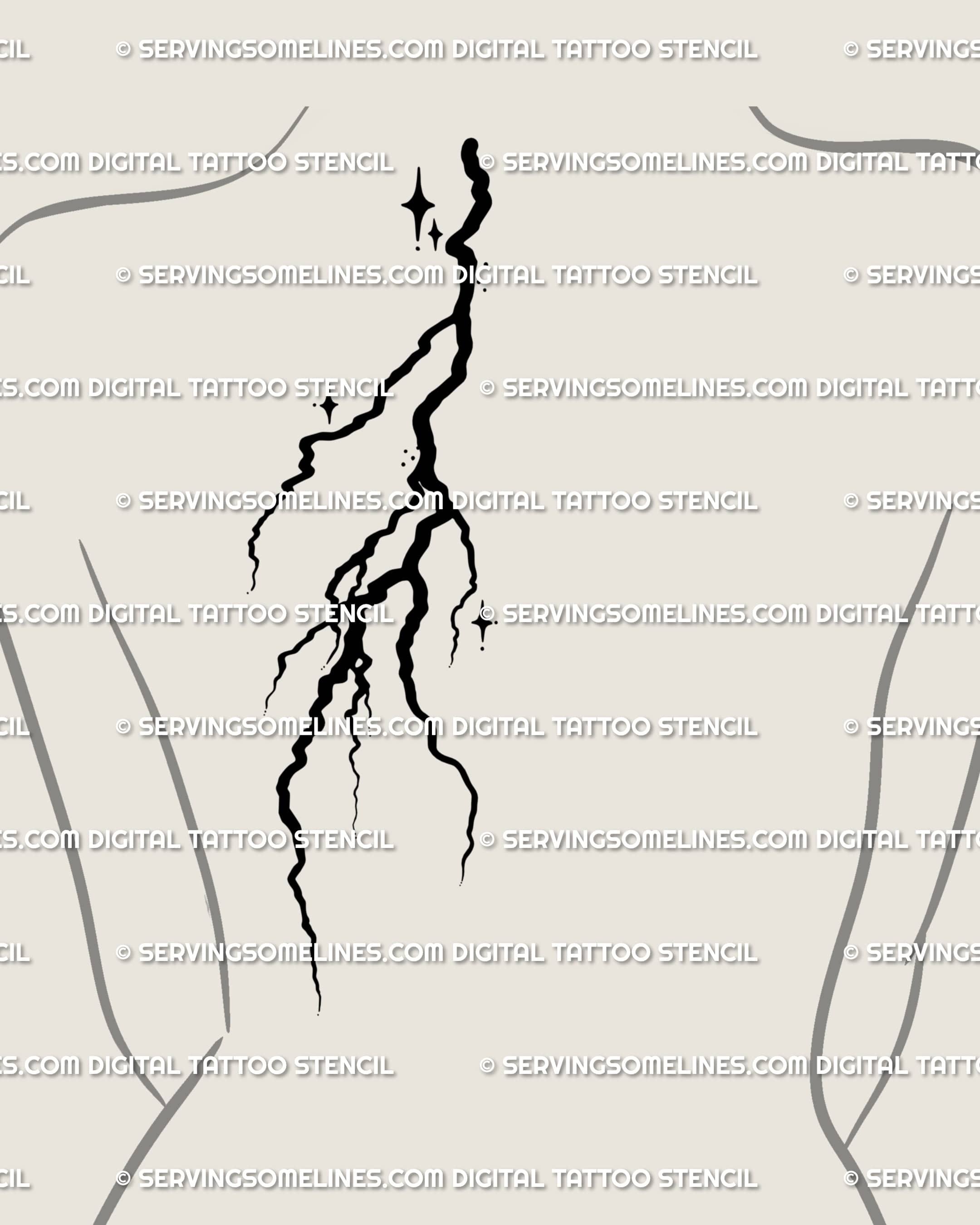 Cyber tribal lightning and stars tattoo on back shoulder, futuristic thunderbolt flash with grunge punk tone. 