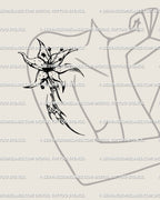Cyber tribal lily tattoo shown on womens upper arm placement example, dark flower stencil design ready for clean transfer.