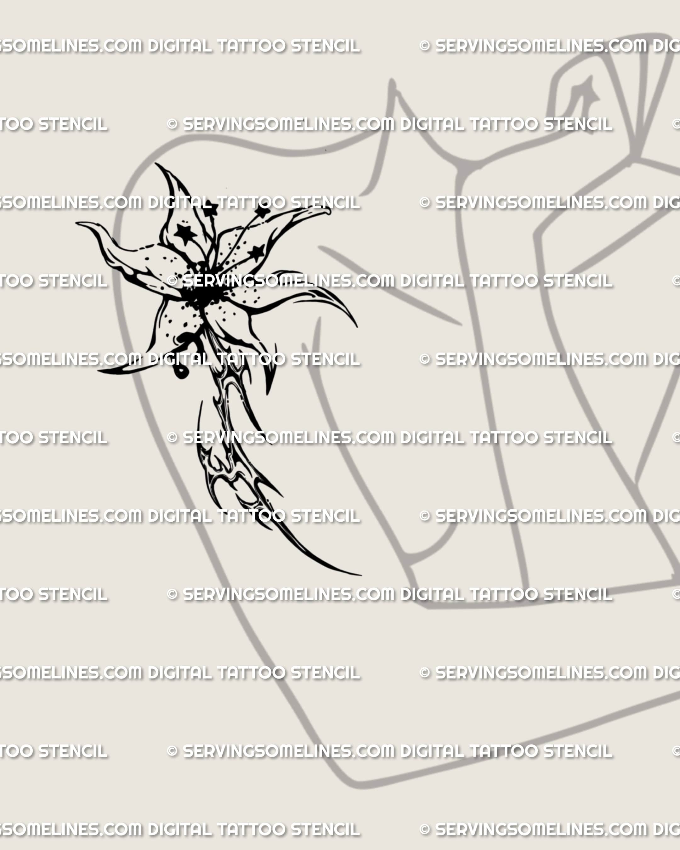 Cyber tribal lily tattoo shown on womens upper arm placement example, dark flower stencil design ready for clean transfer.