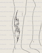 cyber tribal tattoo stencil shown on lower leg, long vertical cybersigil lines shaped for calf placement with chrome style ornamental details