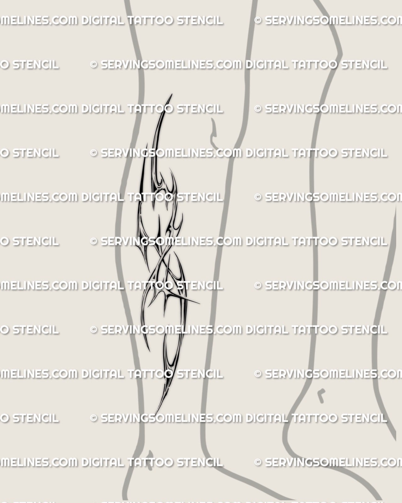 cyber tribal tattoo stencil shown on lower leg, long vertical cybersigil lines shaped for calf placement with chrome style ornamental details