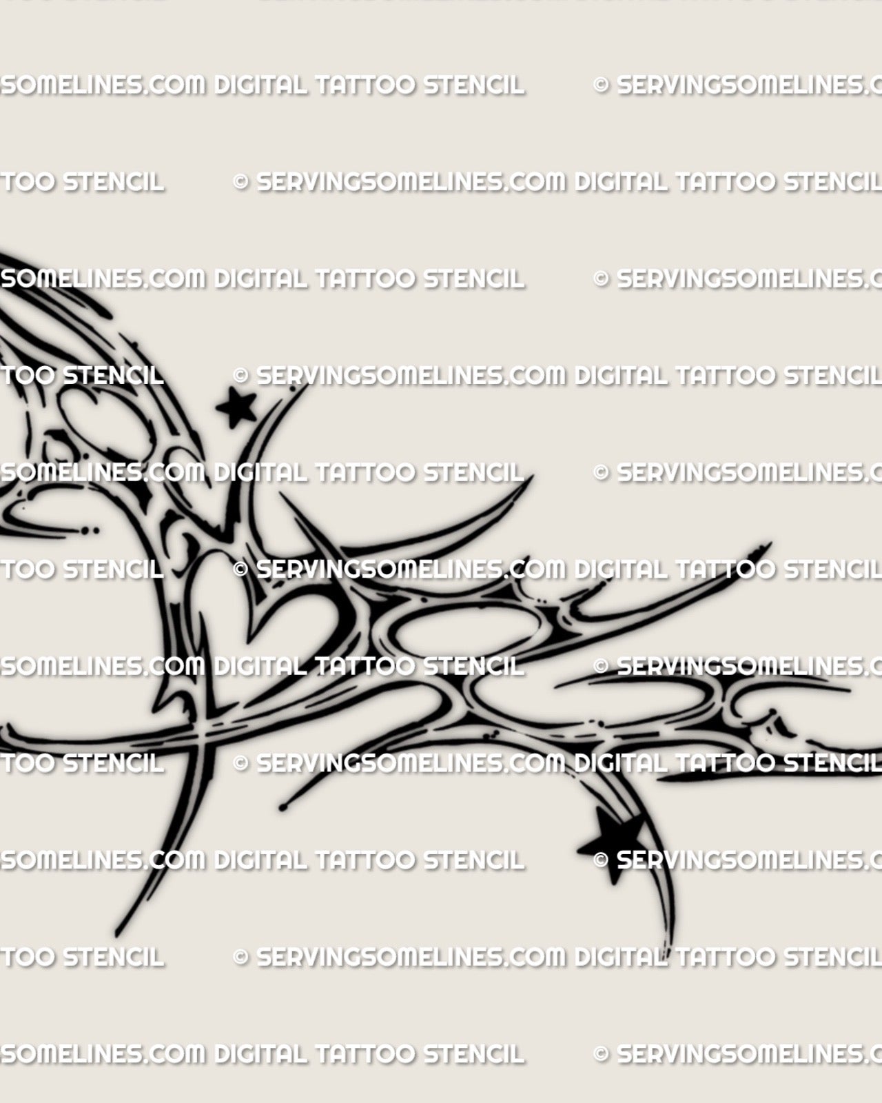 cyber tribal rib tattoo stencil with abstract heart and star curves, delicate cybersigilism lineart for feminine torso placements in blackwork style