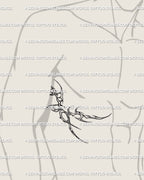 cyber tribal rib tattoo displayed on man’s side torso, sharp spiky pattern with ornamental cybersigilism flow and alien energy