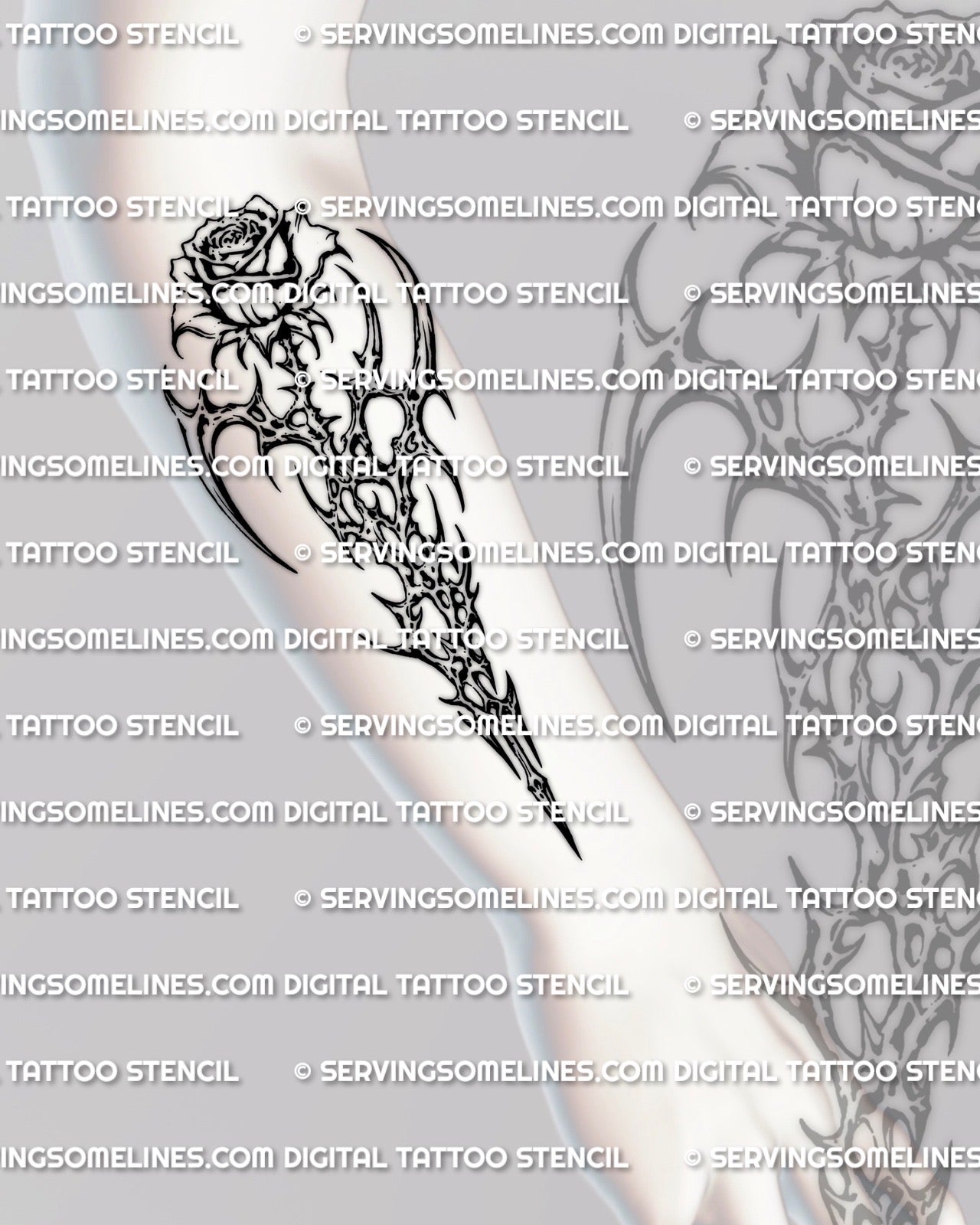 Cyber tribal rose tattoo shown on forearm placement with a clear bloom and sharper abstract lower structure
