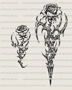 Cyber tribal rose tattoo stencil showing two rose designs, one compact version and one longer abstract rose version