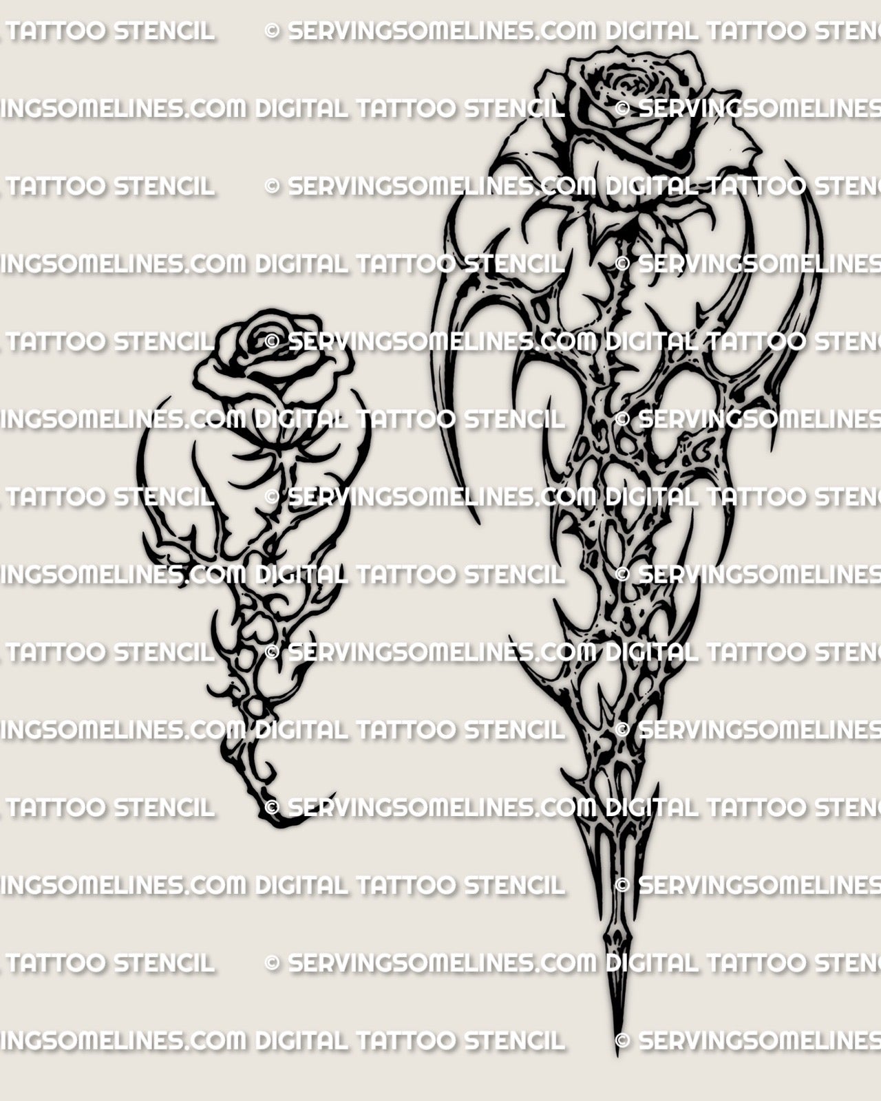 Cyber tribal rose tattoo stencil showing two rose designs, one compact version and one longer abstract rose version