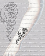 Cyber tribal rose tattoo shown on wrist placement with a small readable bloom and sharp abstract lower flow