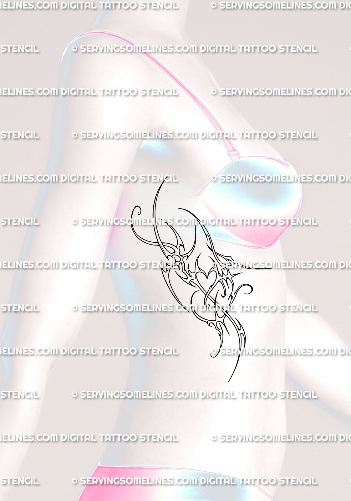 Cyber tribal heart tattoo placed on side waist and ribs, clean neotribal flow following the body line, modern minimalist blackwork.