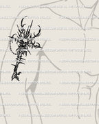 Cyber tribal skull key tattoo displayed on mens biceps placement, bold black stencil lines.