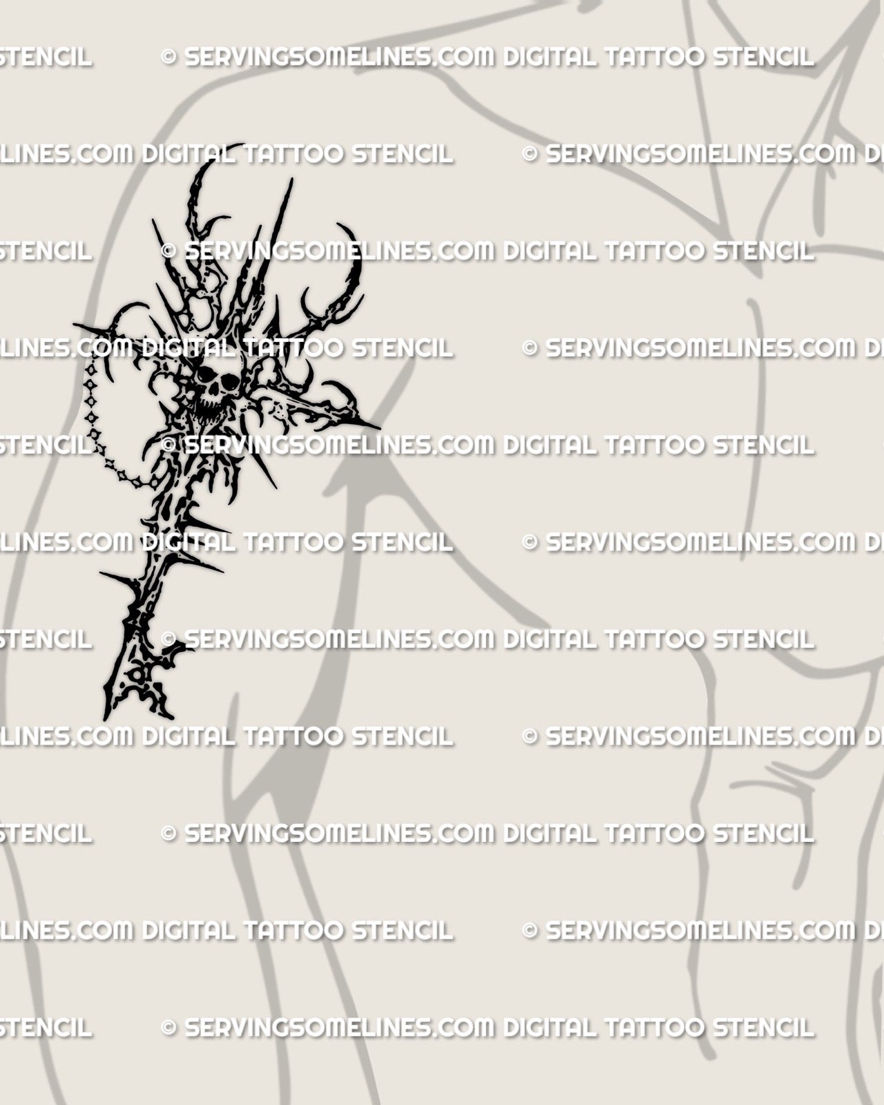 Cyber tribal skull key tattoo displayed on mens biceps placement, bold black stencil lines.