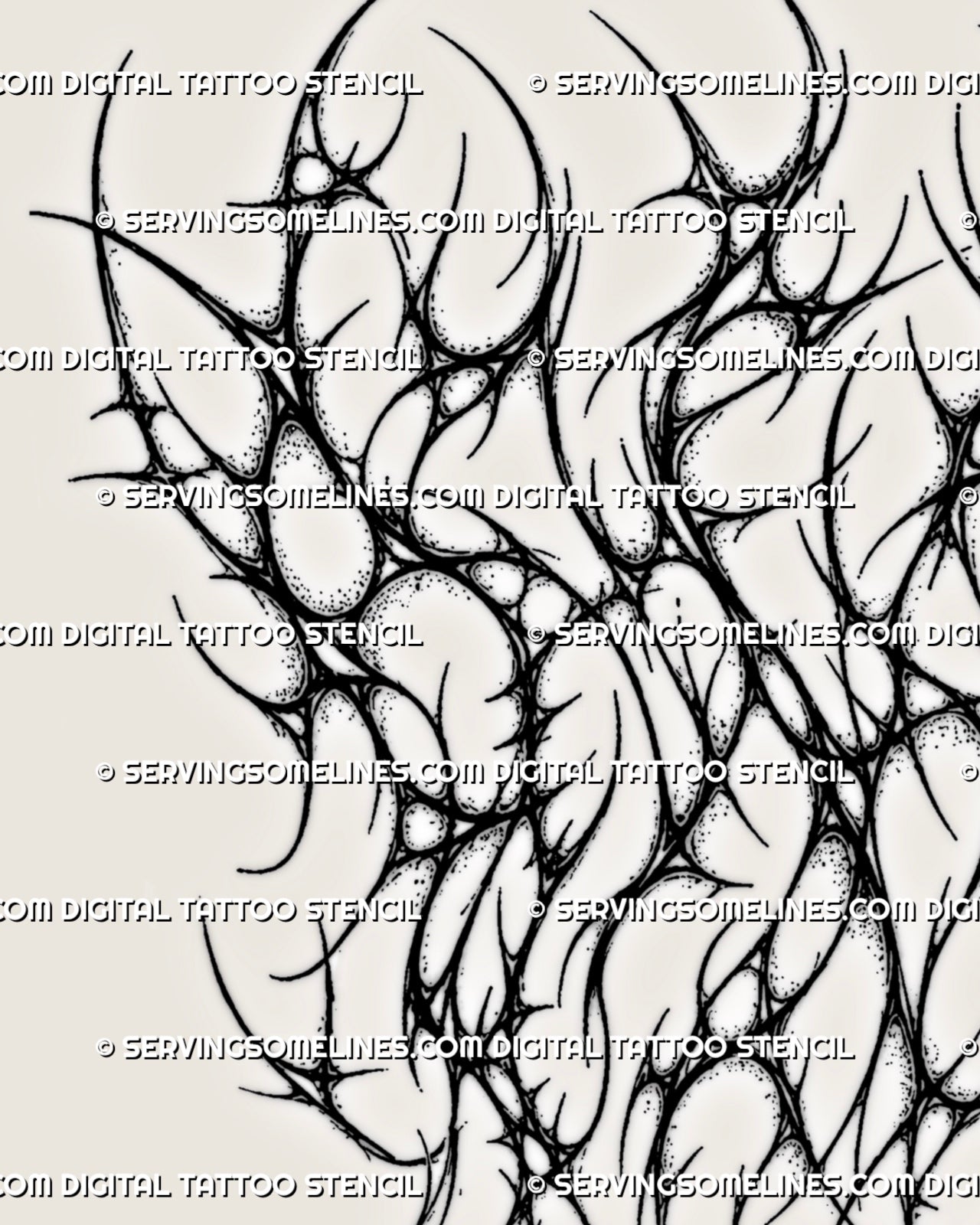 Cyber tribal sleeve tattoo stencil design template with spiky neotribal shapes, dotted details, and printable layout