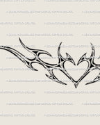 Cyber tribal heart tattoo stencil with symmetrical spiked wings and clean lines, minimal feminine digital download ready for print or transfer.