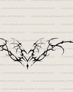 cyber tribal succubus heart tattoo stencil with sharp wing curves shown as a bold blackwork chestpiece design preview