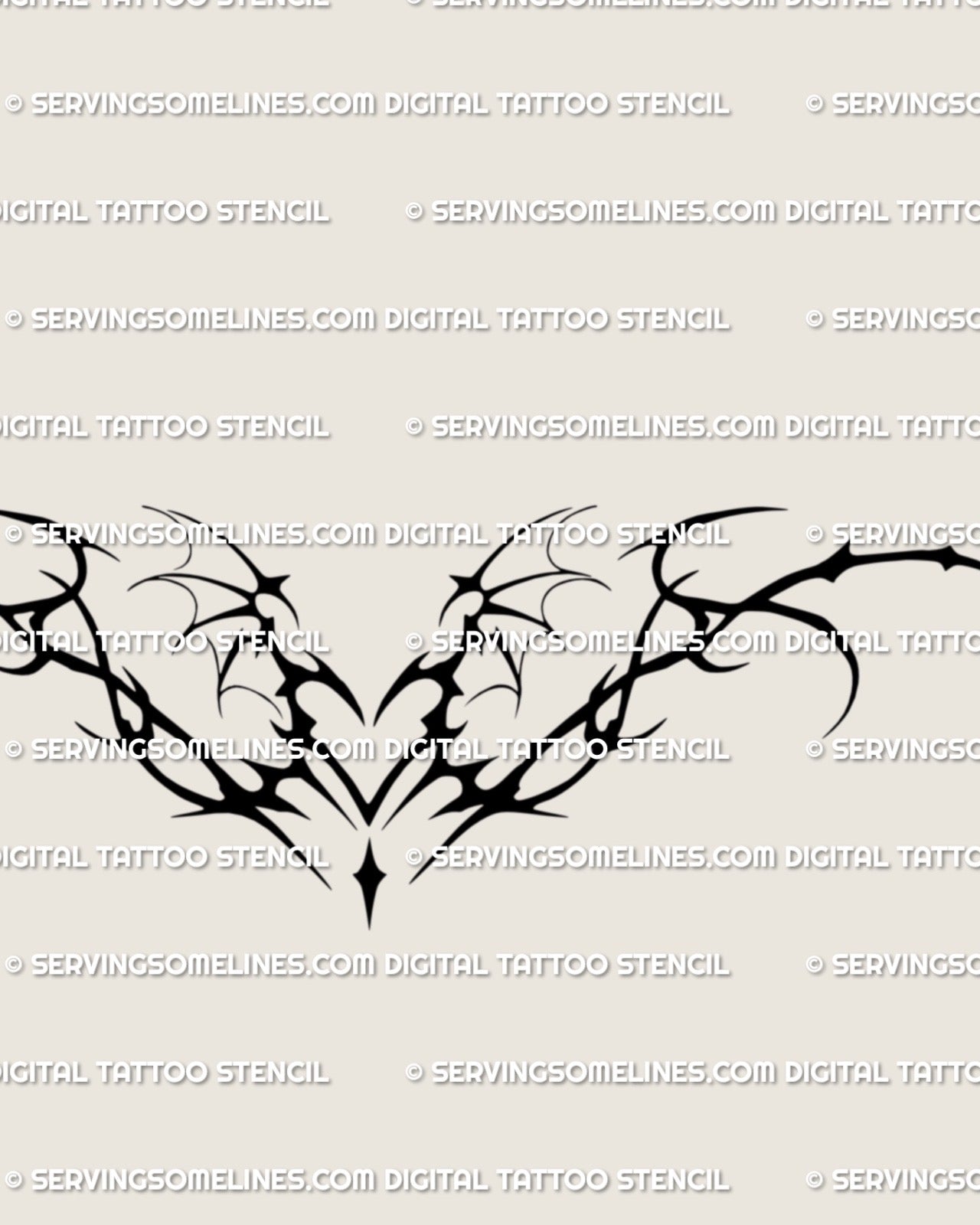 cyber tribal succubus heart tattoo stencil with sharp wing curves shown as a bold blackwork chestpiece design preview