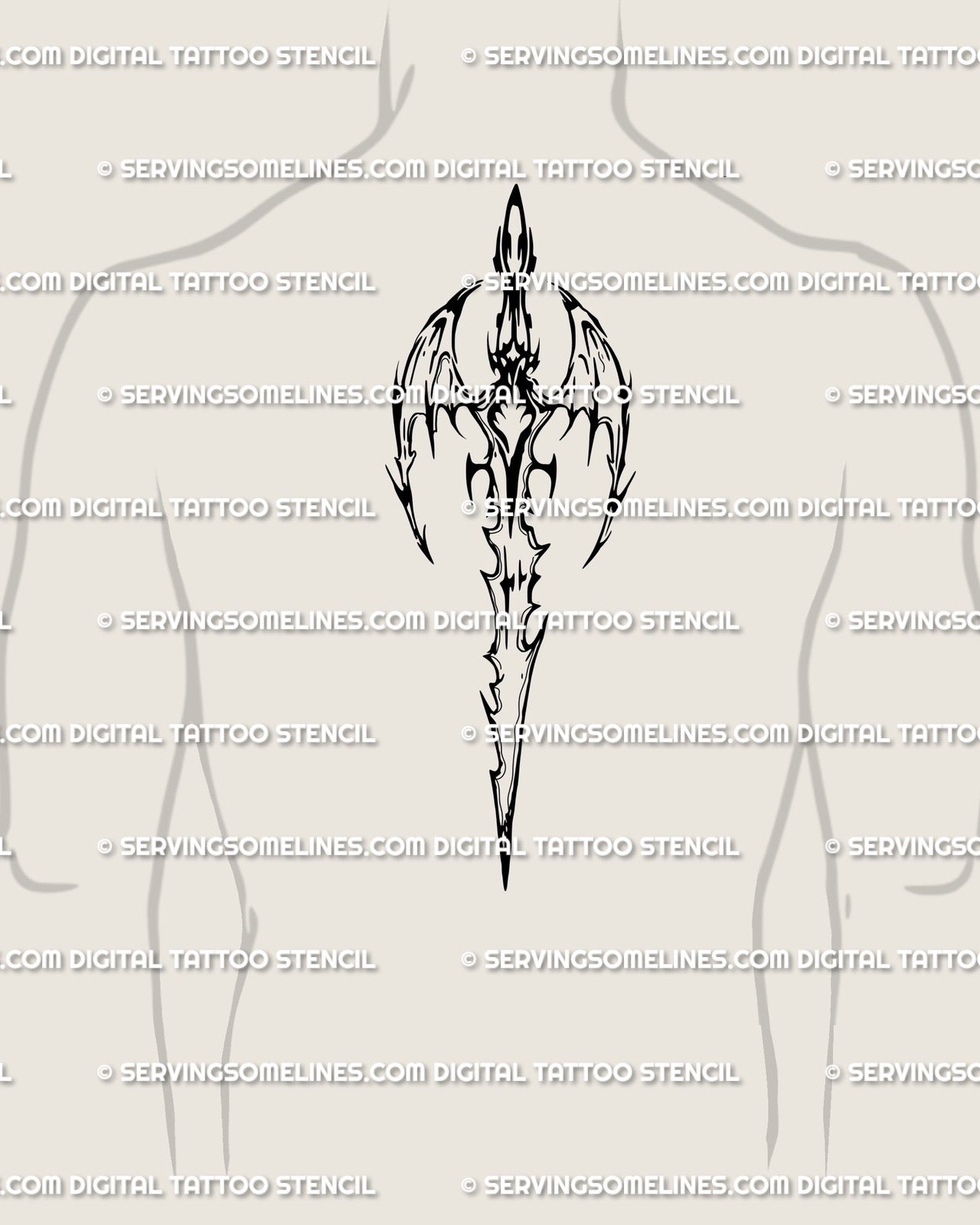 Cyber tribal sword emblem shown on mens upper arm placement preview, dragon wing blade design with printable files.