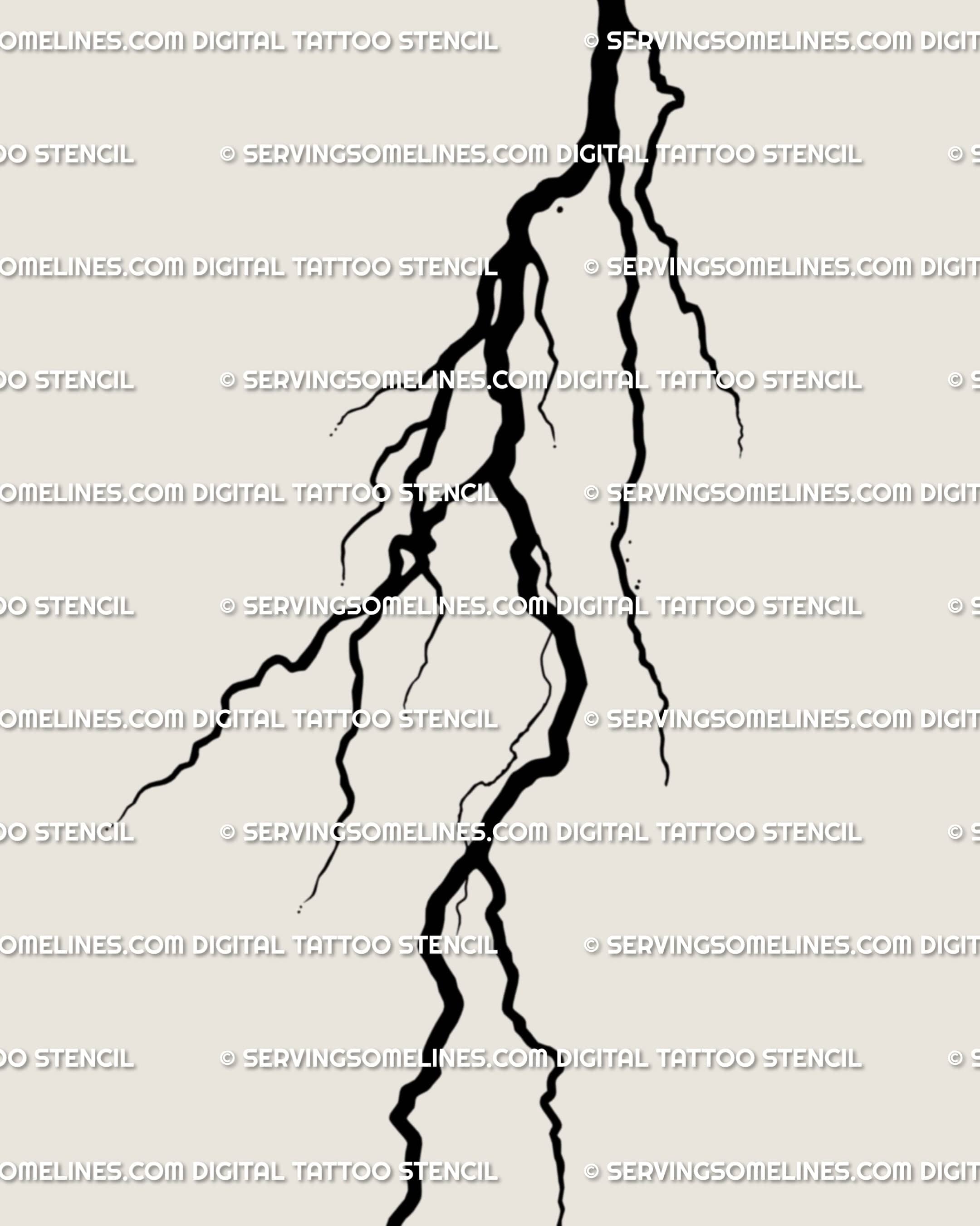 Close-up of cyber tribal thunder tattoo art showing detailed bolt lines, ornamental storm flash in minimalist gothic style for tattoo stencil use.