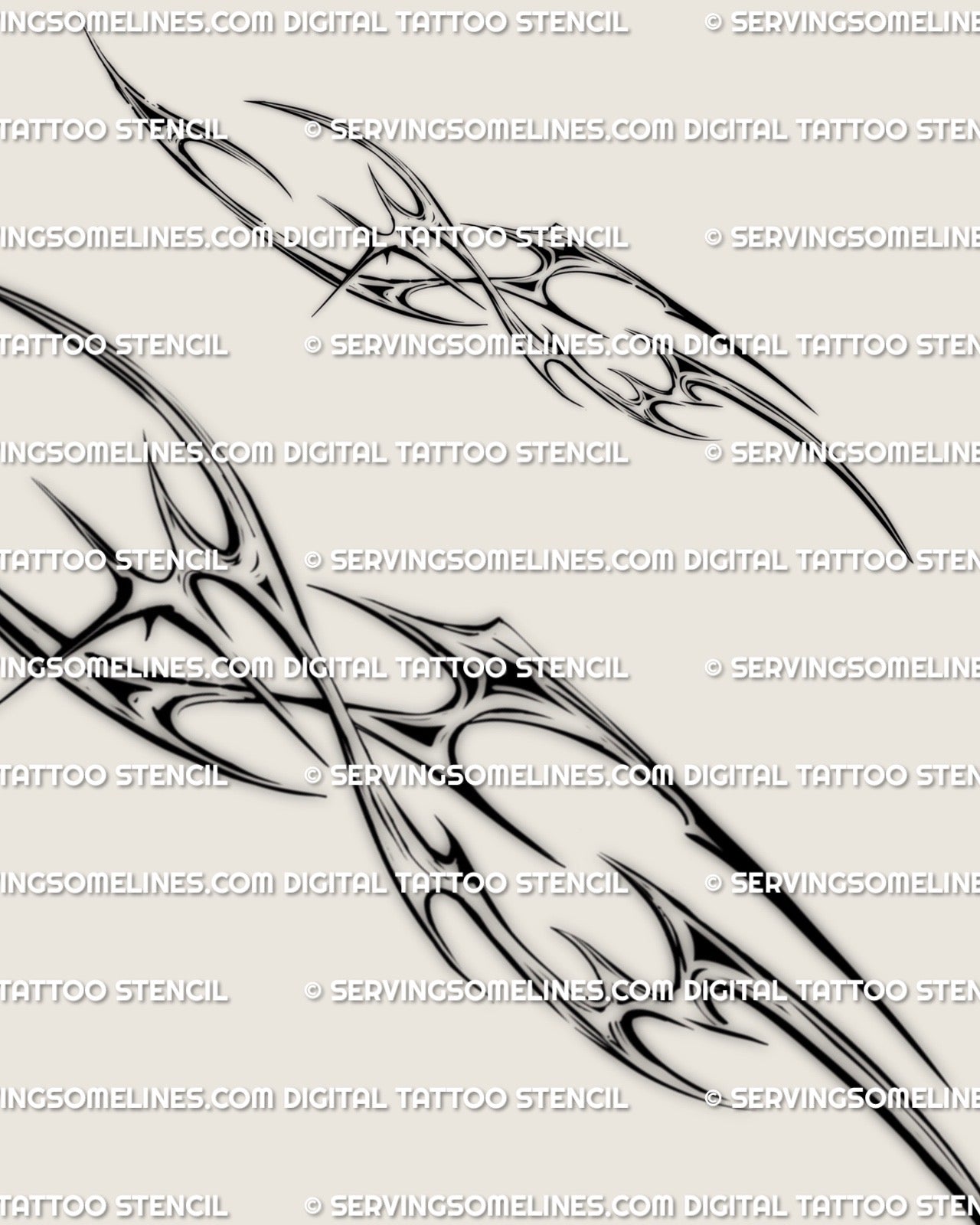 cyber tribal waist tattoo digital stencil showing sharp linework, chrome like shading, and mirrored shapes for symmetry
