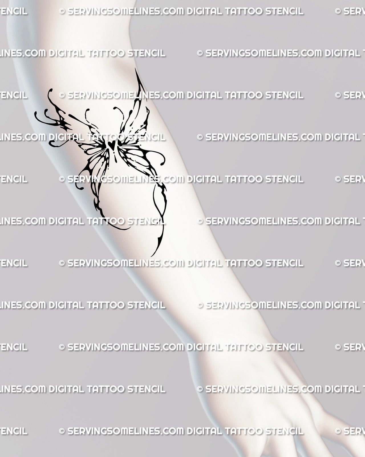 Cyber tribal wing stencil shown on forearm placement preview, symbolic heart wing tattoo download with clean transfer files.