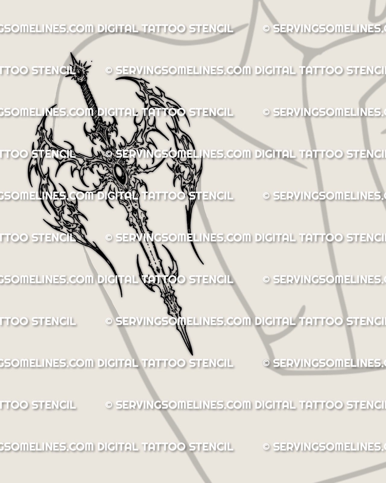 Cyber tribal winged sword stencil shown on womens arm placement example, digital tattoo design with printable download files.