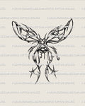 Cyber tribal wings tattoo stencil design with symmetrical wing shapes, small star details, and a ribbon-tied center
