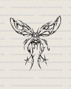 Cyber tribal wings tattoo stencil design with symmetrical wing shapes, small star details, and a ribbon-tied center
