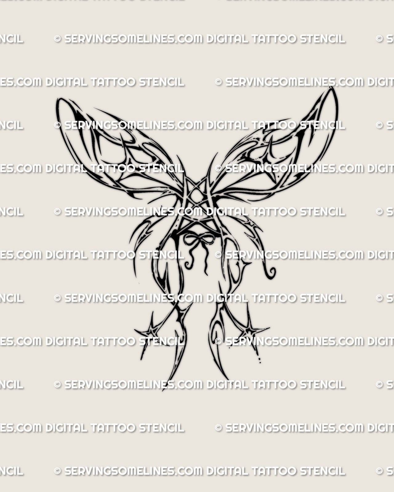 Cyber tribal wings tattoo stencil design with symmetrical wing shapes, small star details, and a ribbon-tied center