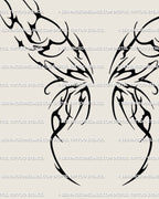 Detailed cyber sigilism dark wings tattoo stencil digital preview with ornamental neotribal linework pattern and symmetry. 