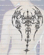 Cyber wing spine tattoo stencil shown on a man’s back with wide shoulder framing and centered spine flow