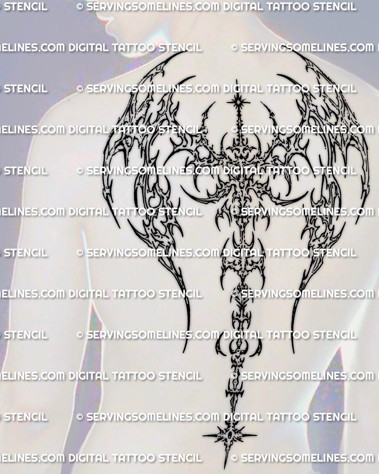 Cyber wing spine tattoo stencil shown on a man’s back with wide shoulder framing and centered spine flow