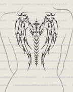 smaller size cybersigil wings with cyber tribal cross and spine ornament placed on woman’s back for futuristic angel themed tattoo